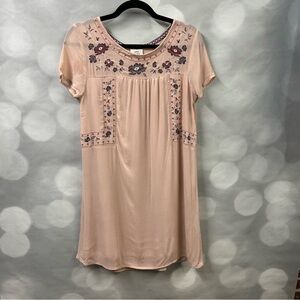 Knox Rose XS crepe‎ embroidered lined bodice semi sheer sleeve peach colored
